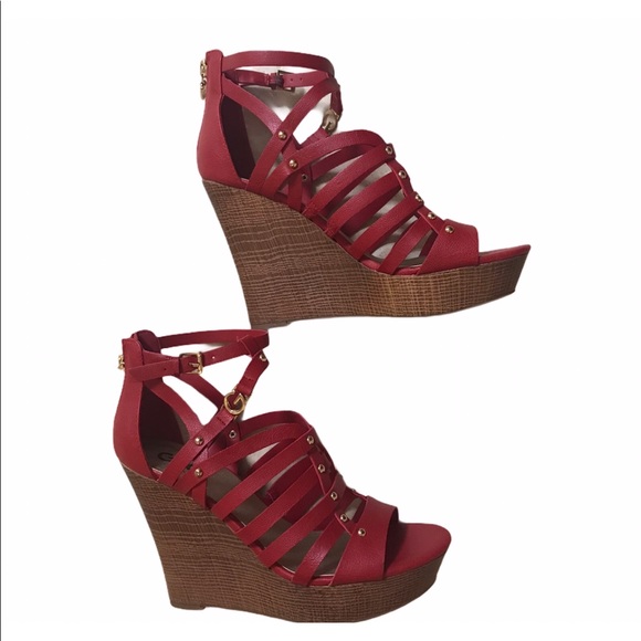 G by Guess Dezzie Dark Red Wedge Open Toe Size 8M - Picture 3 of 5
